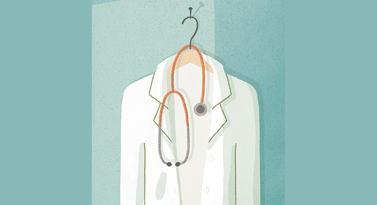 Illustration of doctor's white coat and stethoscope on a hanger
