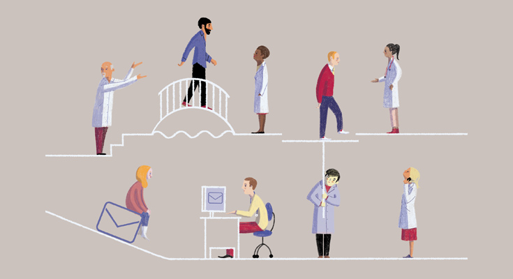 Illustration of continuity of care showing patients and doctors at various points of care