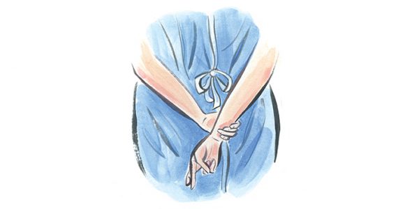 Illustration of someone in a hospital gown, looking at them from behind where they're hiding crossed fingers