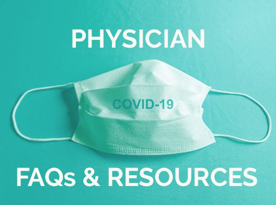 Medical mask with text, "Physician FAQs & Resources"
