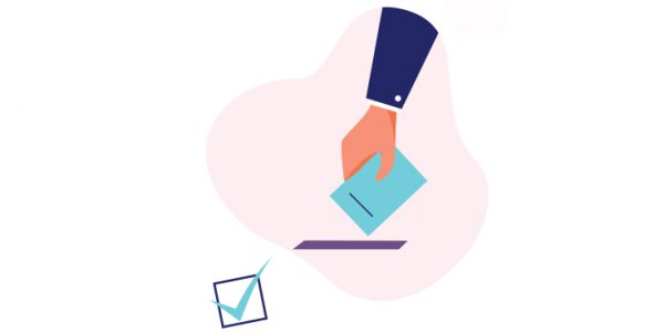 Illustration of hand placing ballot in slot