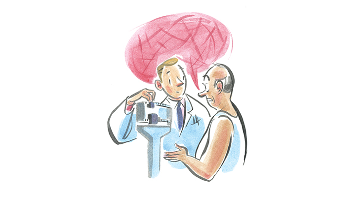 Illustration of patient speaking to doctor while standing on scale