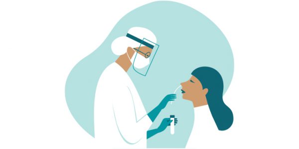 Illustration of a healthcare worker administering a COVID-19 test