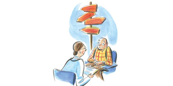 Illustration of physician discussing options with elderly patient