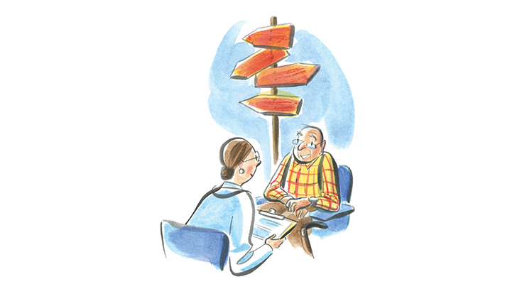 Illustration of physician discussing options with elderly patient
