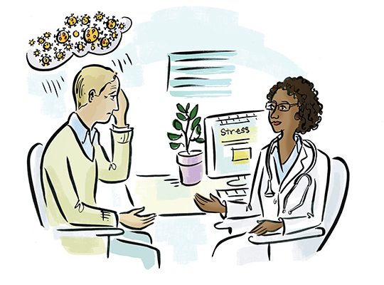 Illustration of a physician speaking to a distressed patient