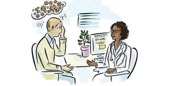 Illustration of a physician speaking to a distressed patient
