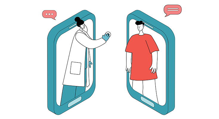 Illustration of a physician and patient connecting virtually