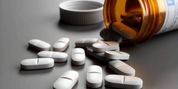 White pills spilled from an open prescription bottle