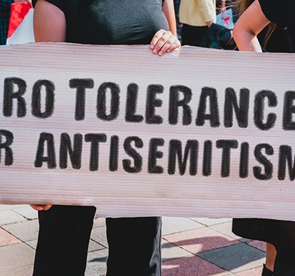 Someone holding a sign: "Zero tolerance for antisemitism"