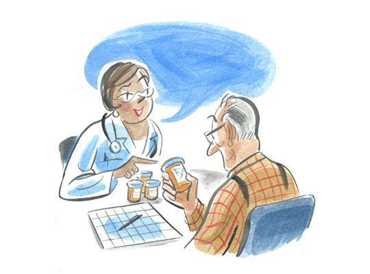 Illustration of doctor talking to an elderly patient about their medication