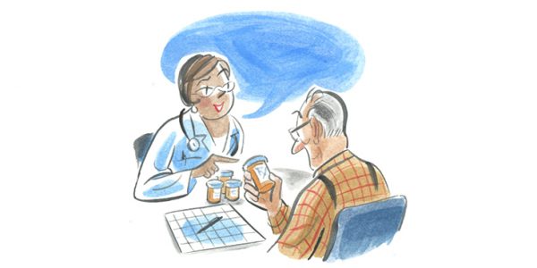Illustration of doctor talking to an elderly patient about their medication