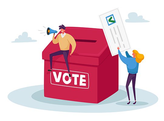 Illustration of a voter's box and someone putting in a ballot