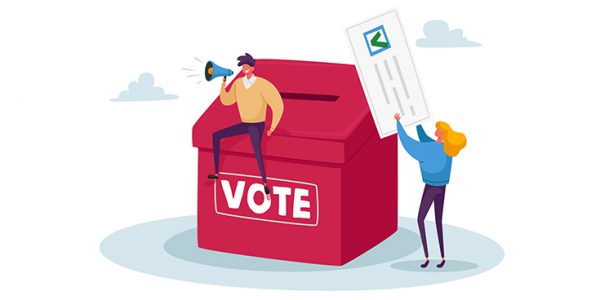 Illustration of a voter's box and someone putting in a ballot
