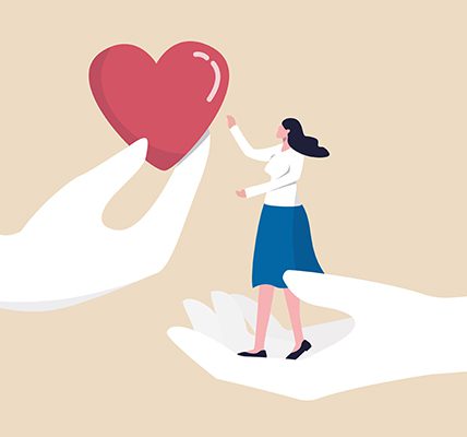 Illustration of person and a heart in helping hands