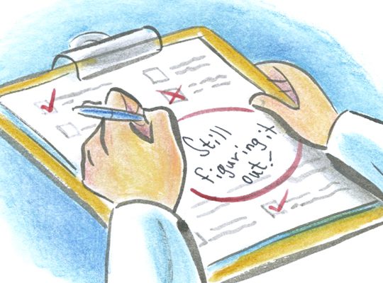 Illustration of a physician writing their uncertainty in a patient's chart