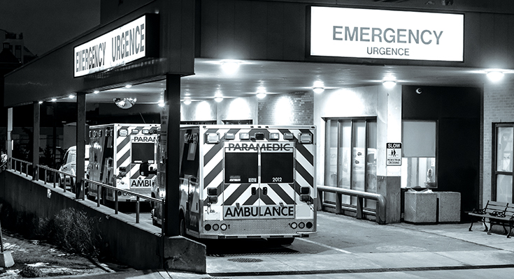 An ambulance parked outside the emergency entrance