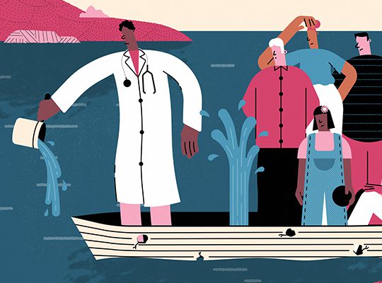 Illustration of a physician trying to bail water out of a boat with a leak