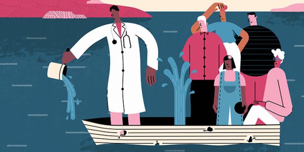 Illustration of a physician trying to bail water out of a boat with a leak
