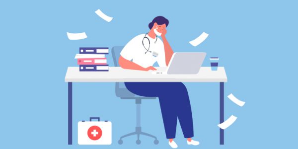 Illustration of doctor surrounded by paperwork