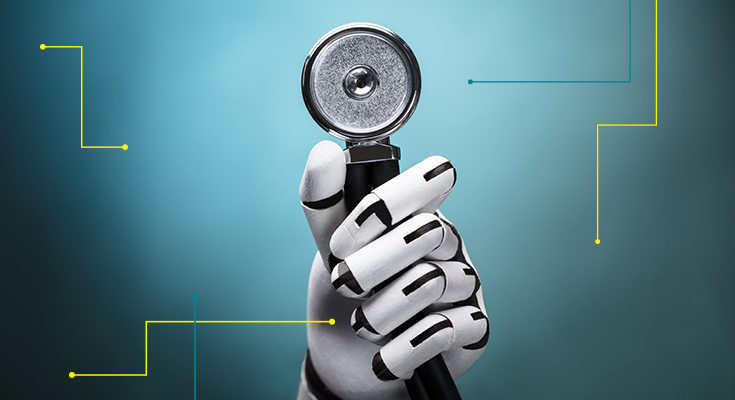 A robot hand holding a stethoscope