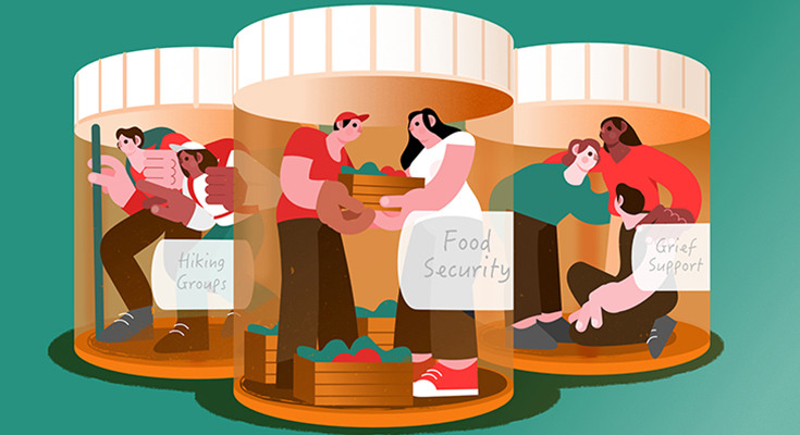 Illustration of people socializing within a prescription bottle