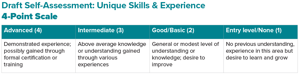 Unique skills & experience 4 point scale