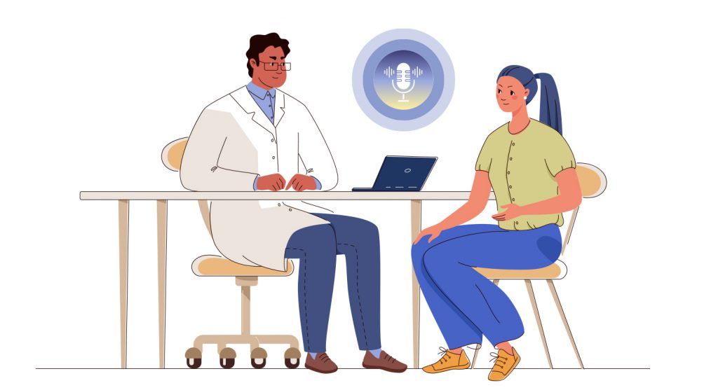 An illustration of a doctor consulting a patient. 