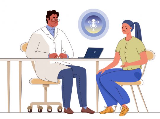 An illustration of a doctor consulting a patient.