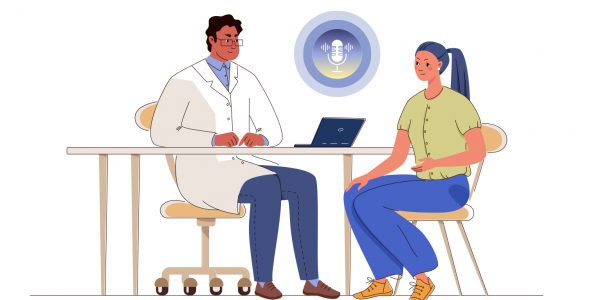 An illustration of a doctor consulting a patient.